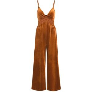 CIDER Rust Orange Velvet Wide Leg Jumpsuit XL Crochet Lace V-Neck Boho